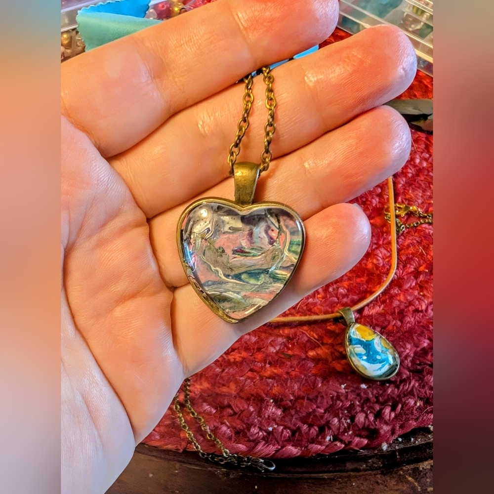 Handmade colorful fluid art heart necklace